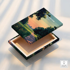 Stretched canvas print box with Greenwich London park landscape at sunset, modern wall art.