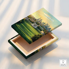 Greenwich cityscape canvas print with vibrant park and skyline, gift box style.