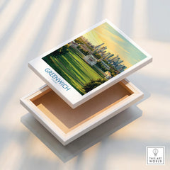 Greenwich London skyline stretched canvas print with floating frame detail on light background