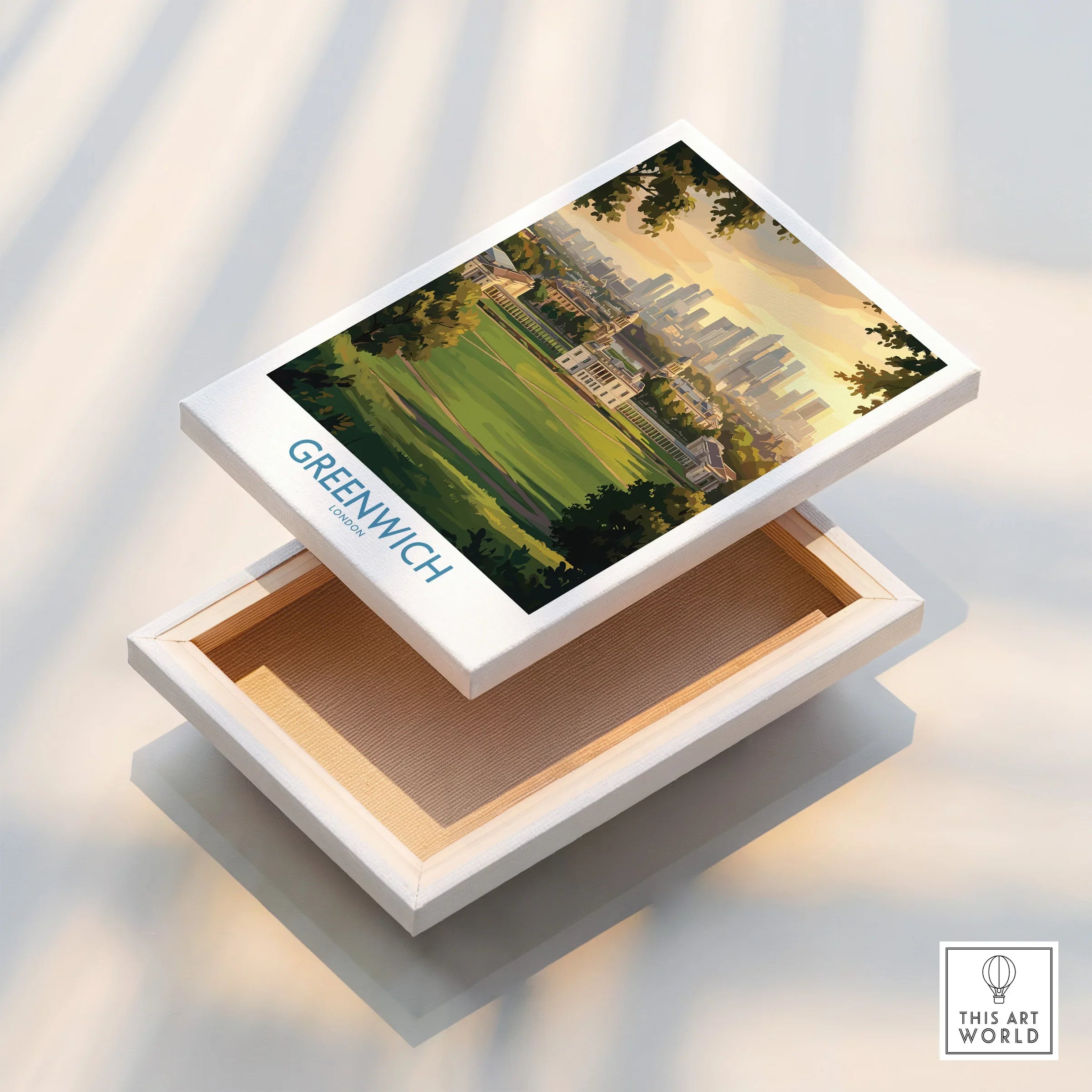 Greenwich London art print on stretched canvas with city skyline, floating frame detail.
