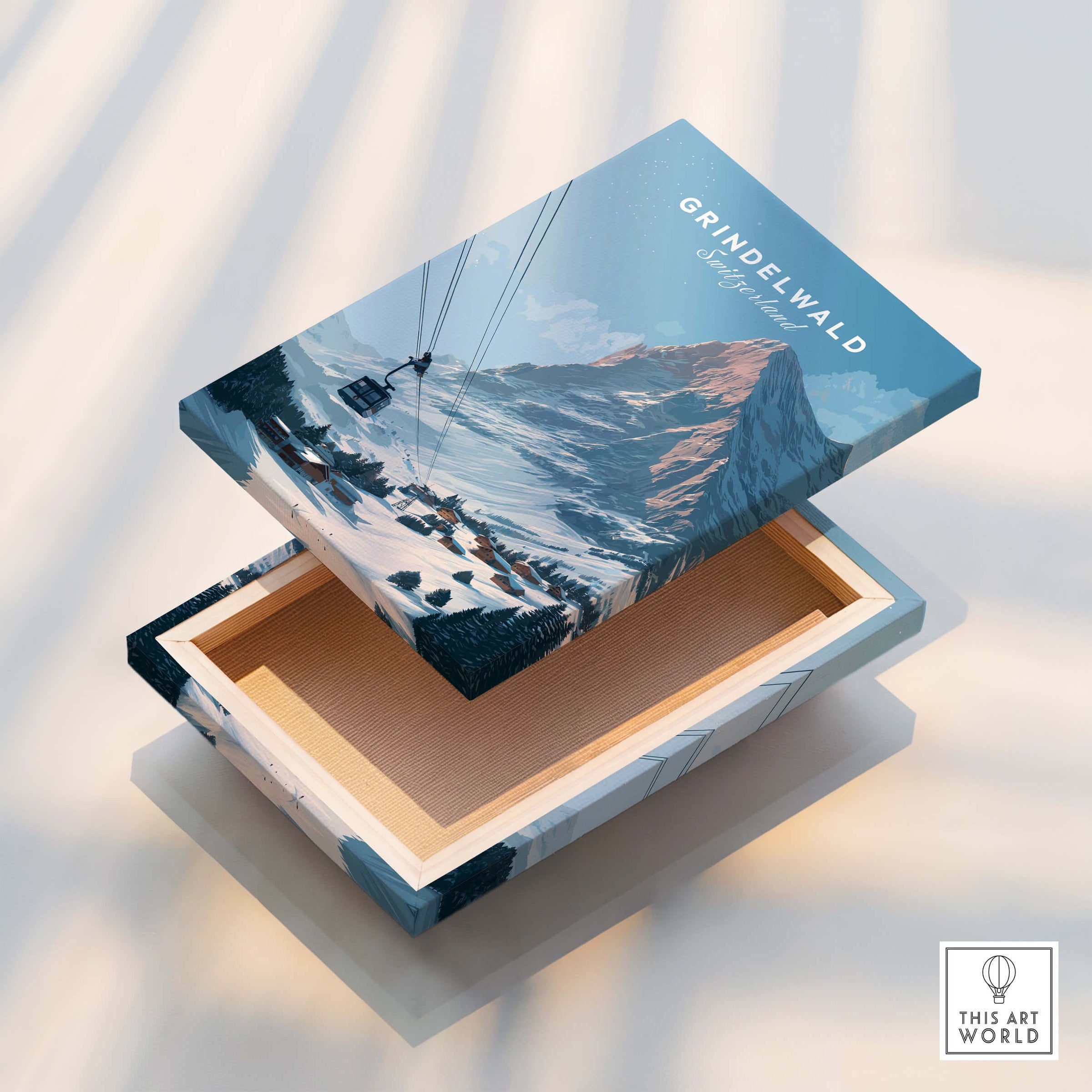Grindelwald Switzerland Wall Art Print | Alpine Cable Car Travel Posters featuring a stunning design on a wooden box.