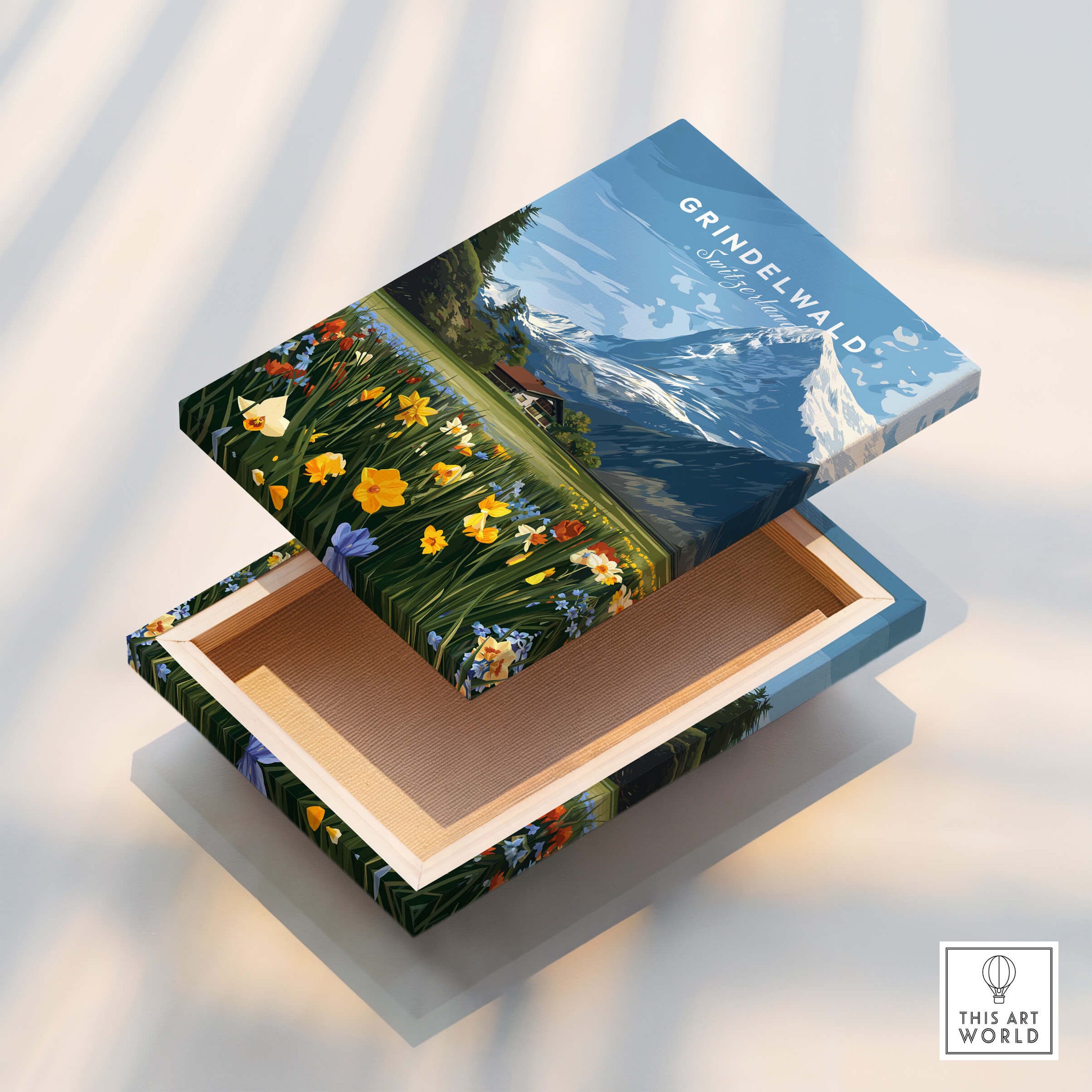 Grindelwald Switzerland Travel Poster | Alpine Wildflower Meadow Wall Art Print decorative box design with vivid alpine flowers.