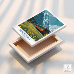 Grindelwald Switzerland Canvas Print | Swiss Alps Train Railway Scene Poster displayed on a white box.