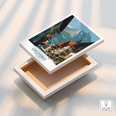 Gruyères Switzerland Poster | Historic European Town Architecture Canvas Print displayed on a decorative box.