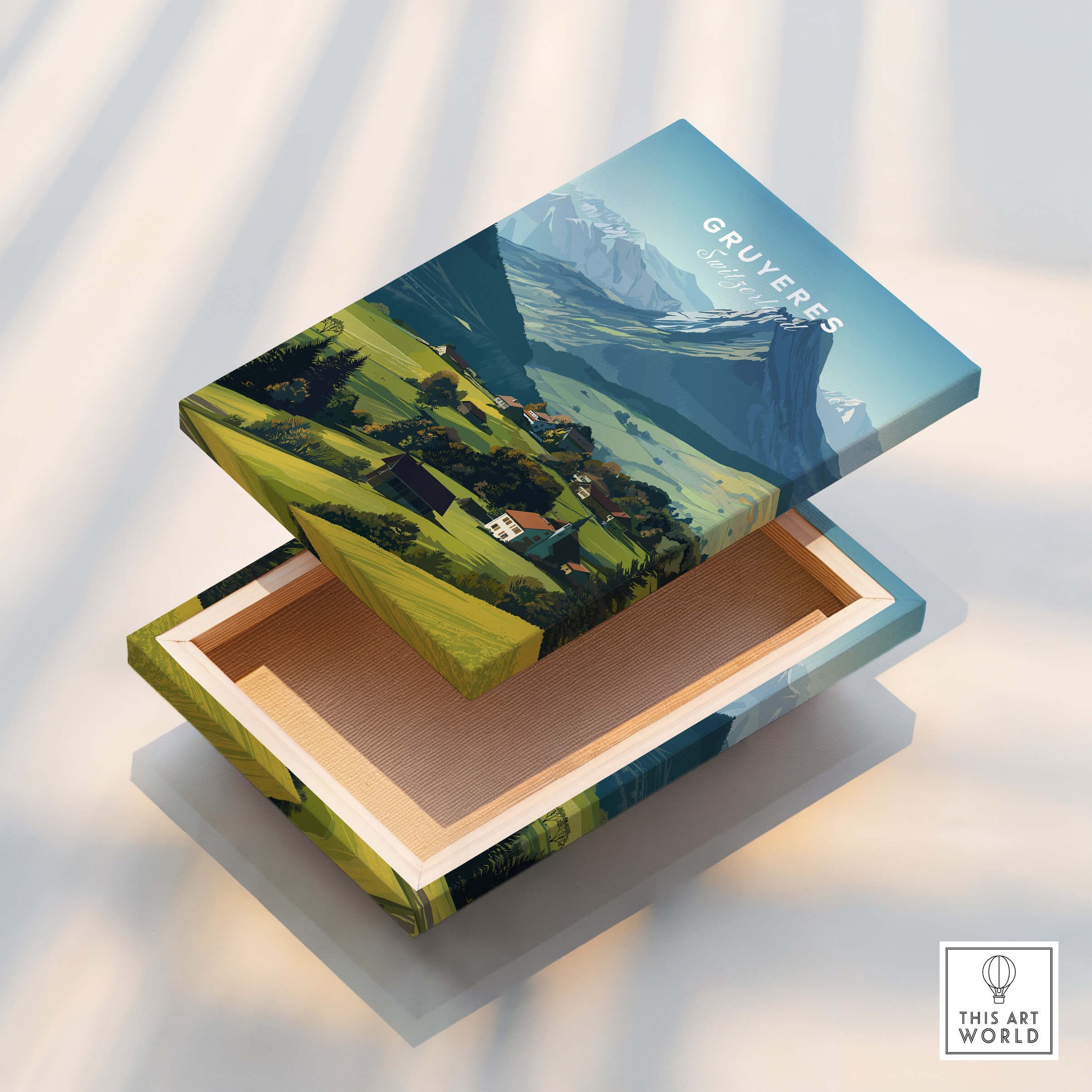 Gruyères Switzerland Travel Poster | Mountain Landscape Wall Art Print on decorative box design.