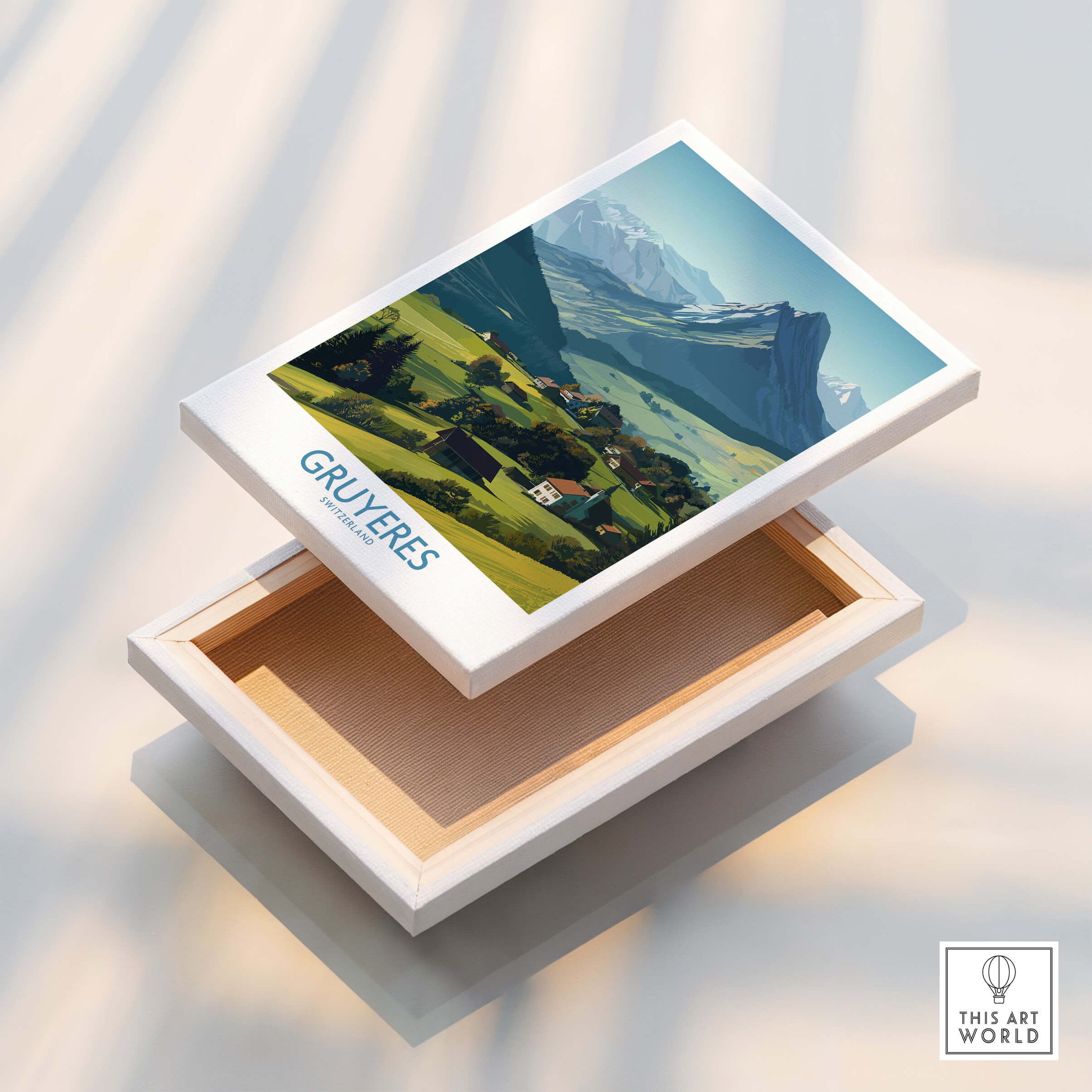 Gruyères Switzerland Canvas Print | Charming Swiss Countryside Scenery Poster displayed on a wooden box.