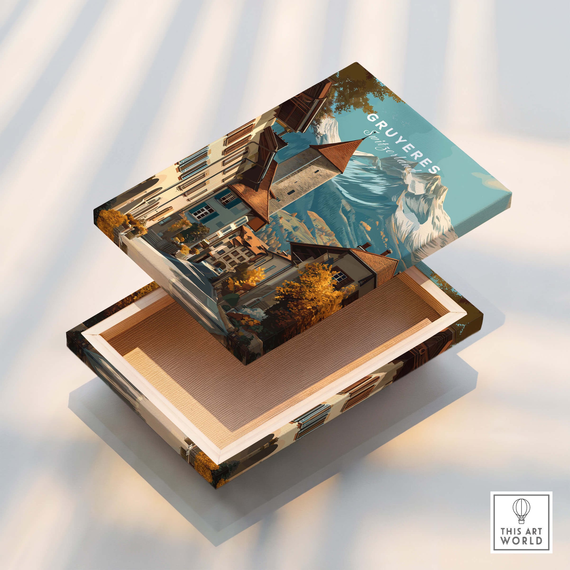 Gruyères Switzerland Wall Art Print | Swiss Travel Poster on a decorative box, showcasing Swiss architecture and landscape details.