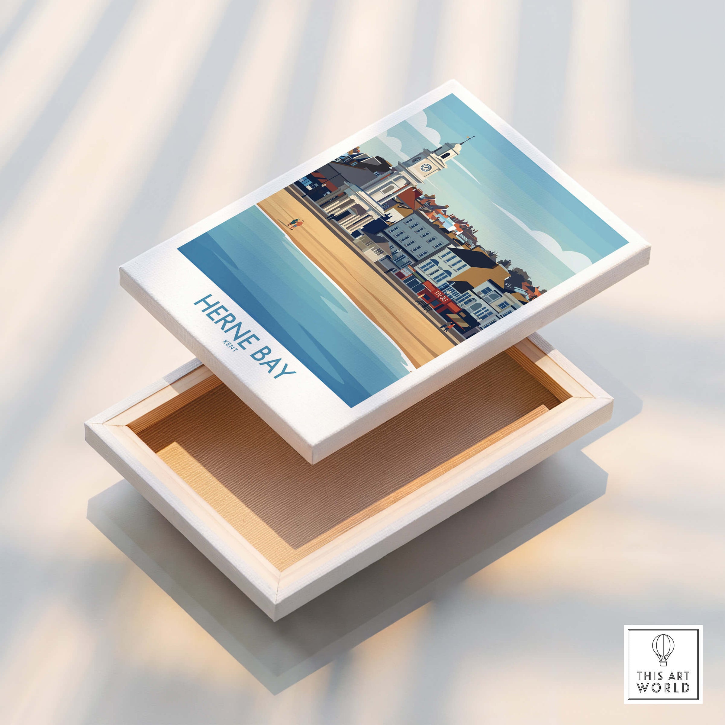 Herne Bay Kent Canvas Print Poster displayed on a wooden box showcasing the seaside town's charm.