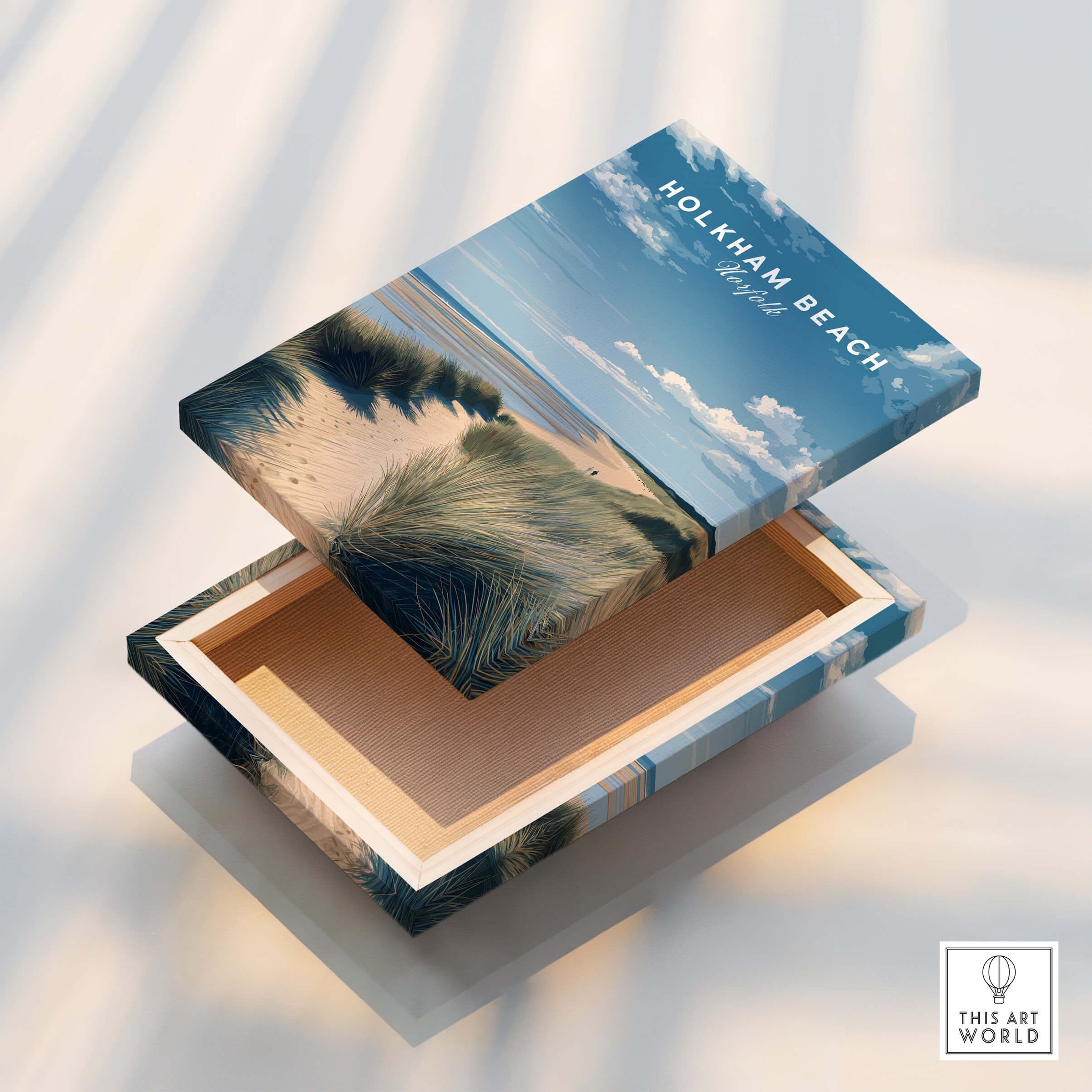 Holkham Beach Norfolk Wall Art Print | Coastal Sand Dunes Travel Poster on a decorative box