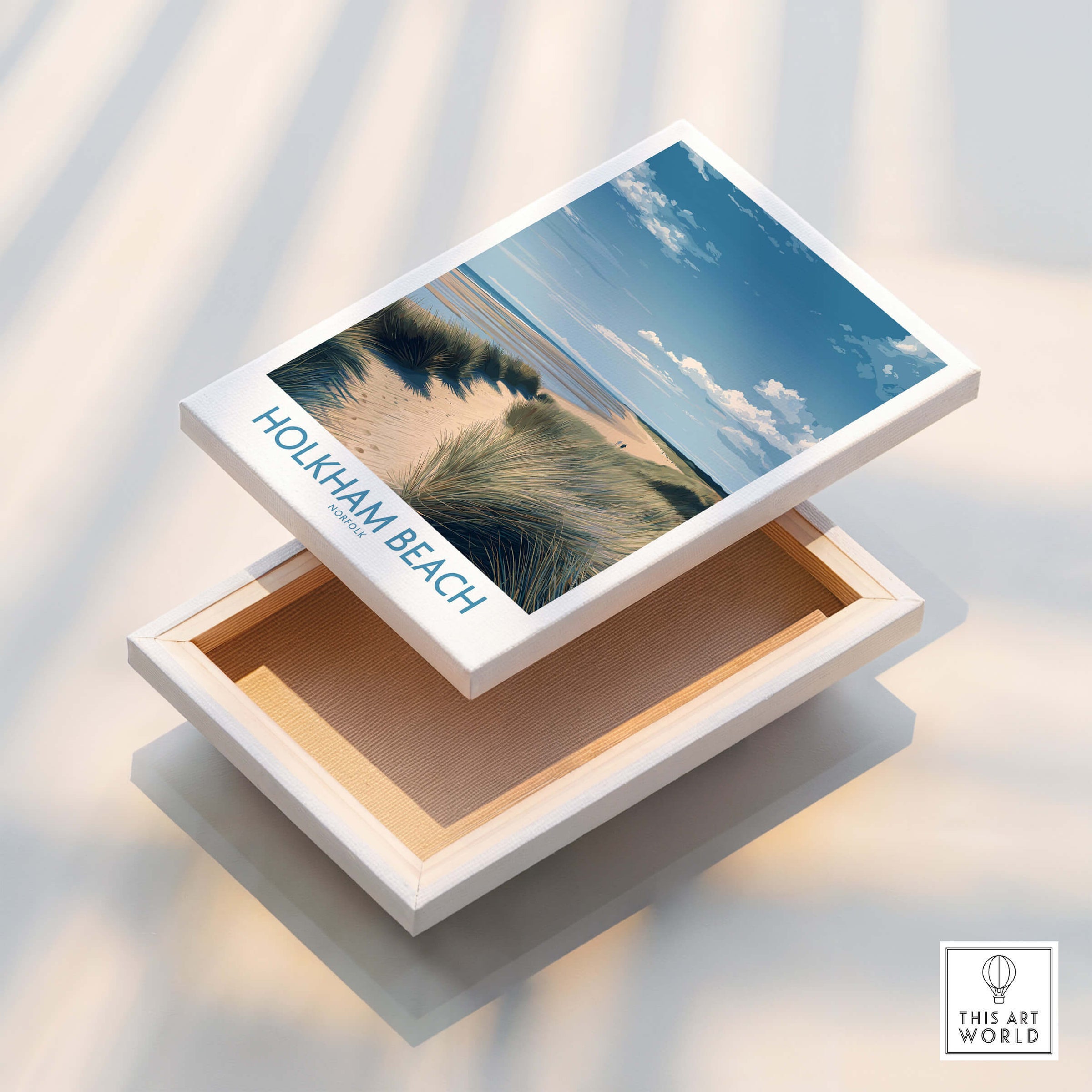 Holkham Beach Norfolk Poster | North Norfolk Shoreline Nature Canvas Print displayed on an open box.