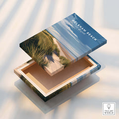 Holkham Beach Norfolk Travel Poster | Serene Beach Pathway Wall Art Print on decorative box with coastal design.