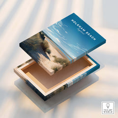 Holkham Beach Norfolk Wall Art Print | British Beach Travel Poster on an open box showcasing its vibrant design.