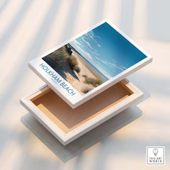 Holkham Beach Norfolk Poster | Serene Coastal Landscape Canvas Print shown atop a wooden box.