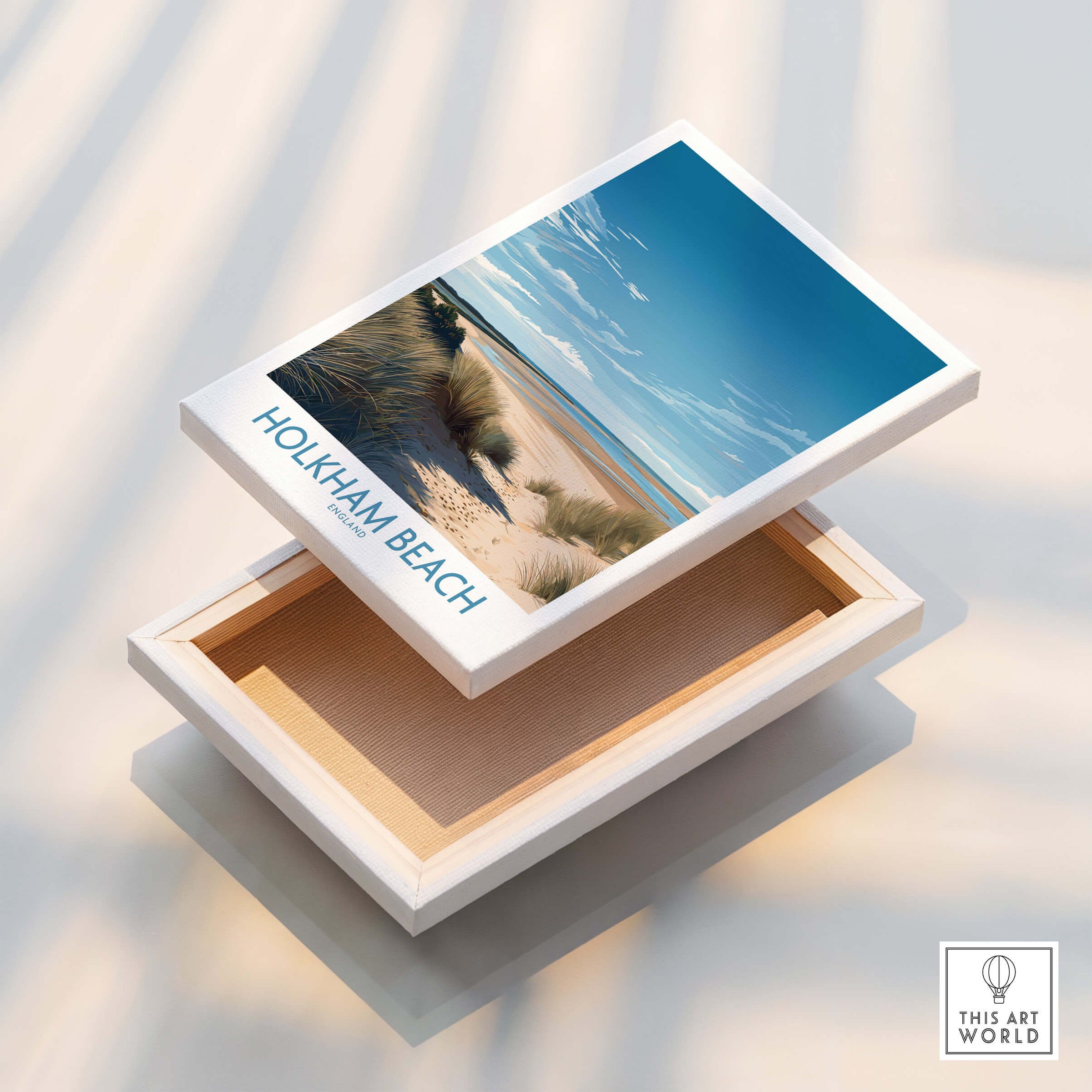 Holkham Beach Norfolk Poster | Serene Coastal Landscape Canvas Print shown atop a wooden box.