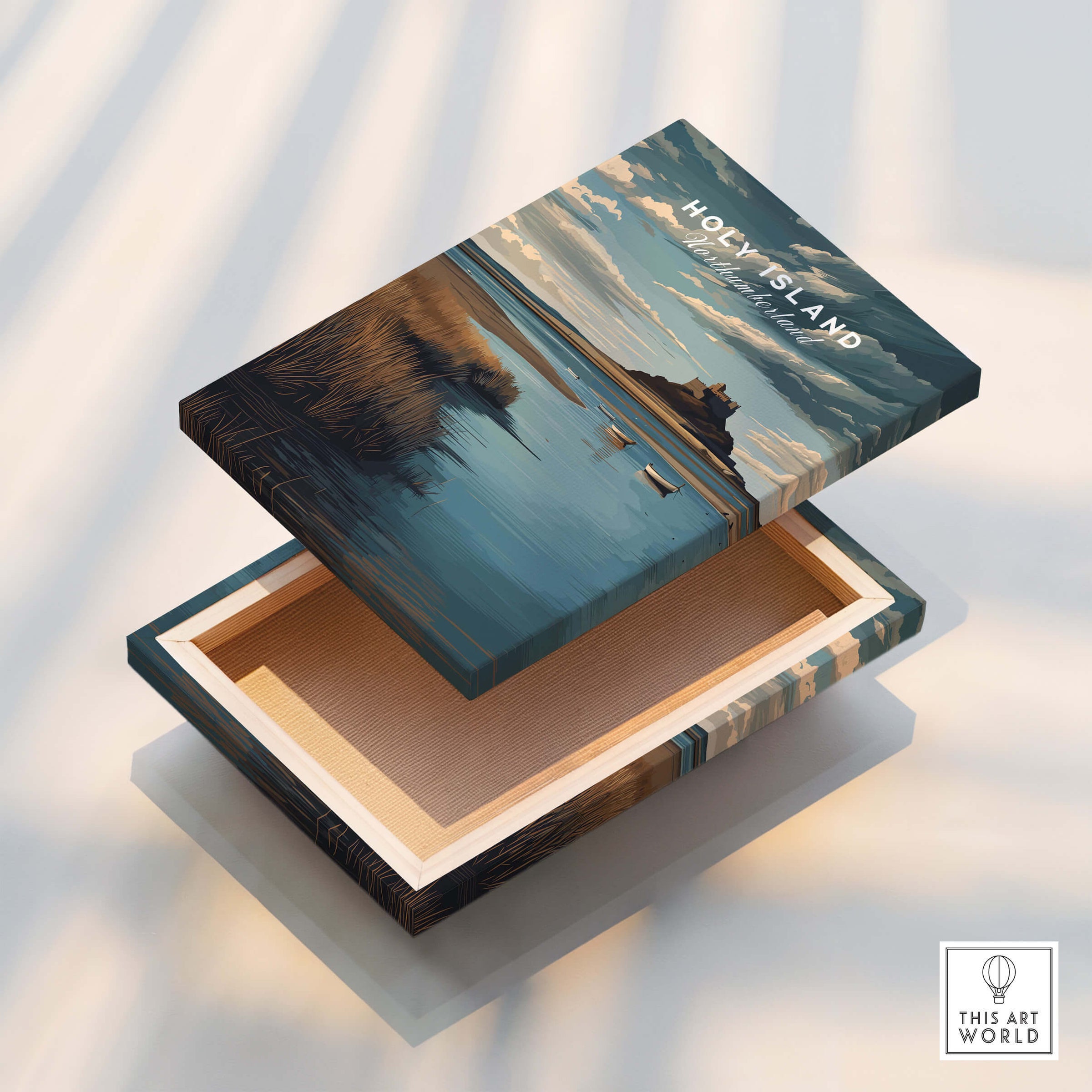 Holy Island Northumberland Travel Poster | Lindisfarne Castle Wall Art Print decorative box with scenic landscape design