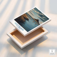 Holy Island Northumberland Poster | Historic England Coast Canvas Print with a scenic view, displayed in a decorative box.