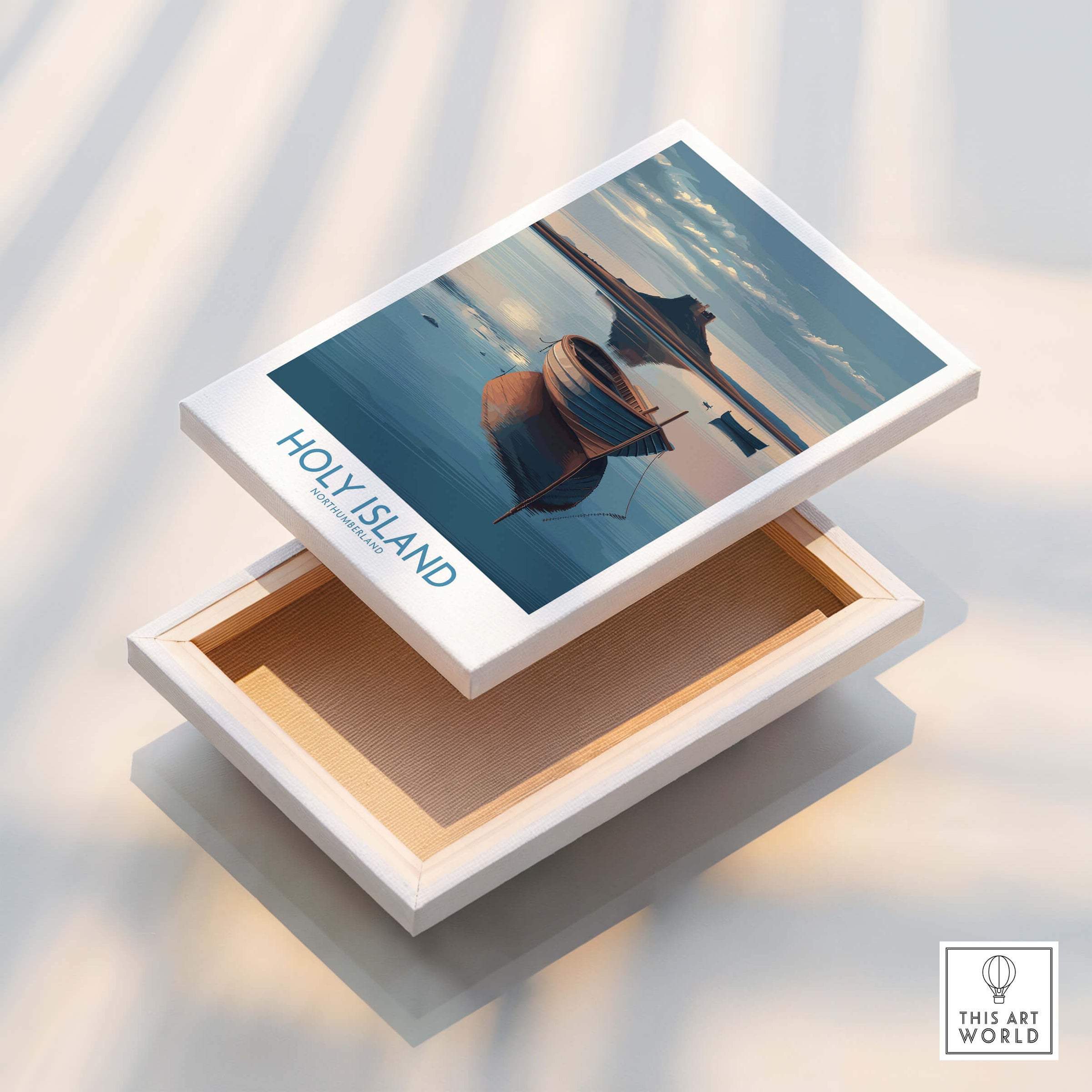 Holy Island Poster Northumberland | Lindisfarne Canvas Print featuring a tranquil boat scene on water.