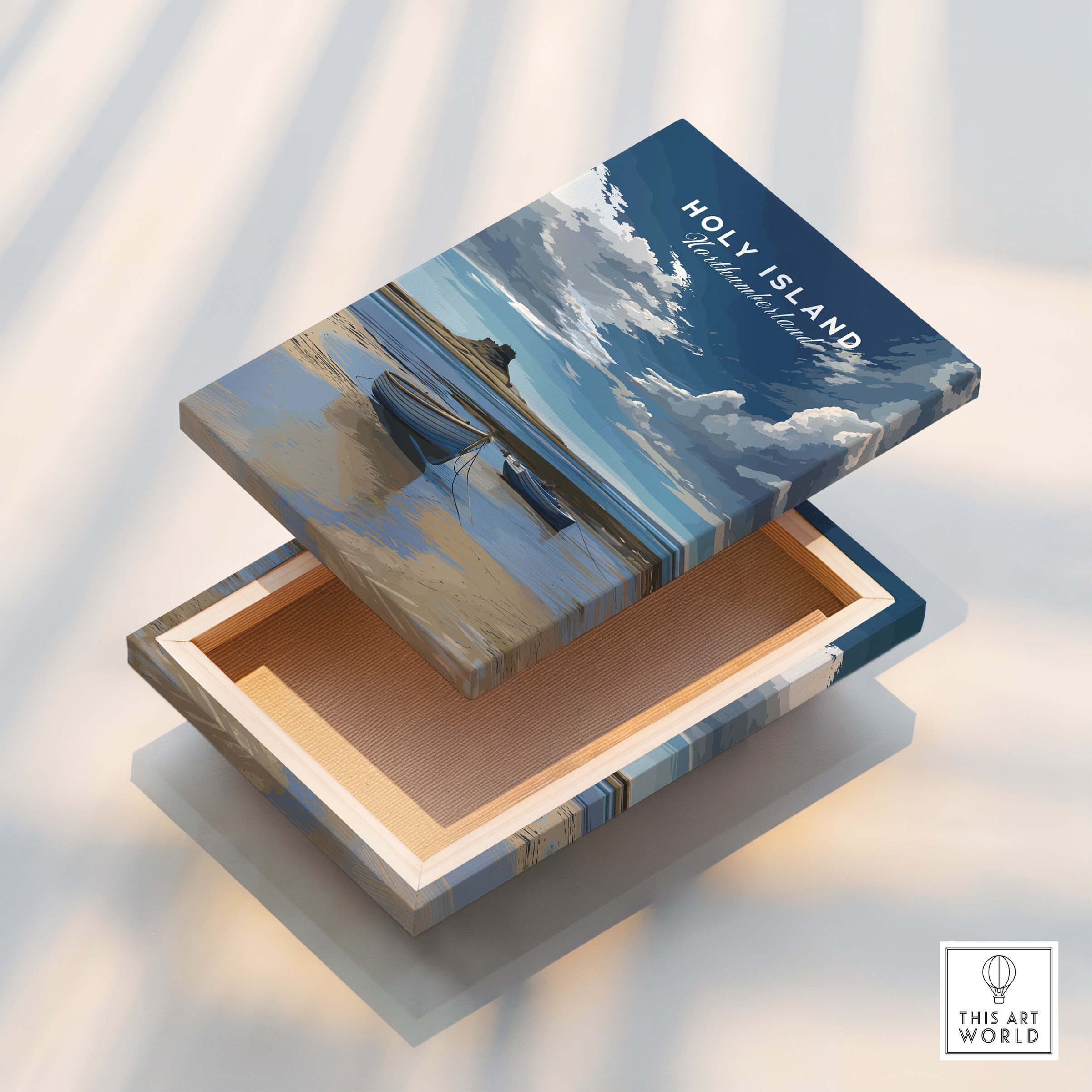 Holy Island Travel Poster Northumberland | Coastal Landscape Wall Art Print box with beautiful artwork design.