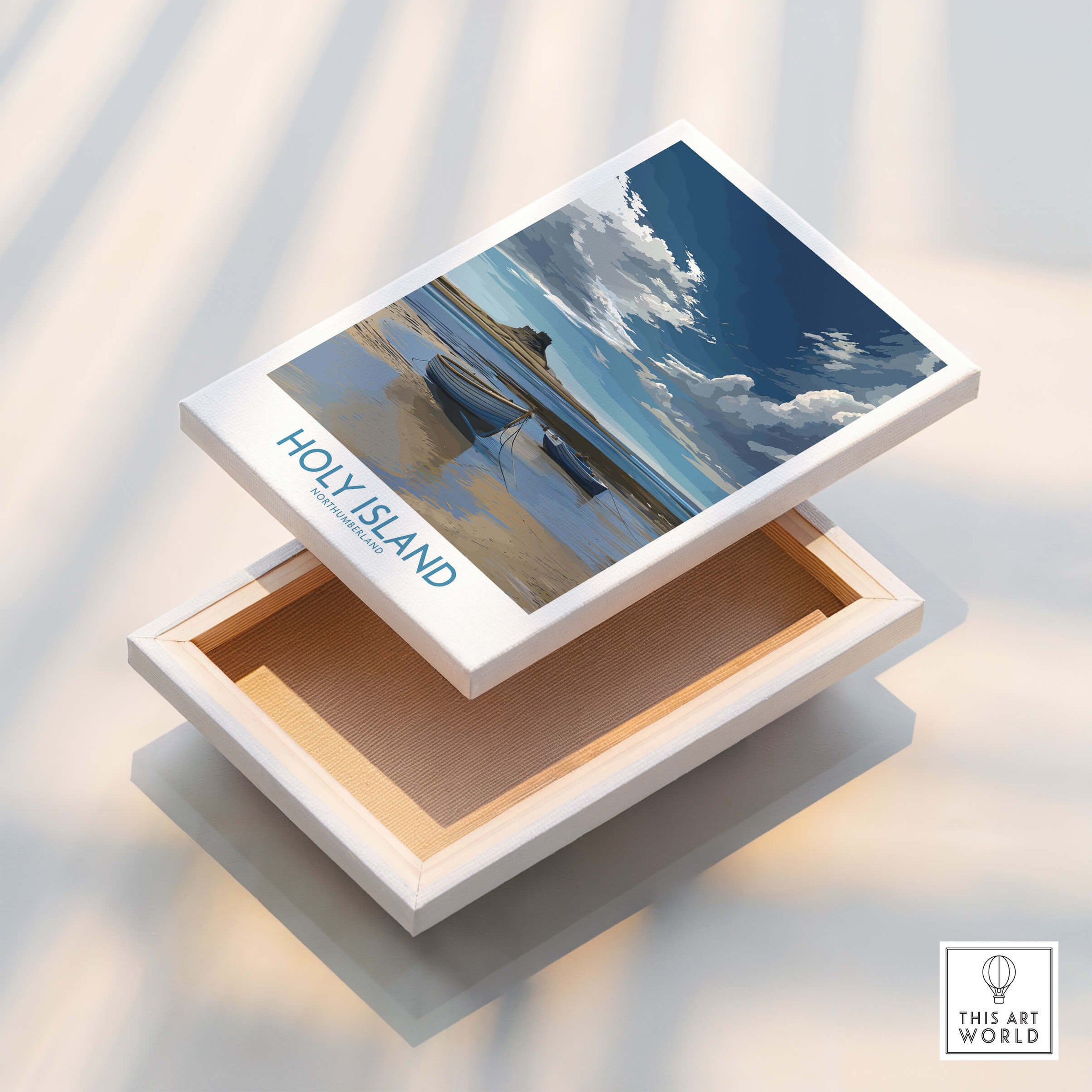 Holy Island Northumberland Poster | North Sea Coast Canvas Print showcasing a boat on the shore with dramatic clouds.