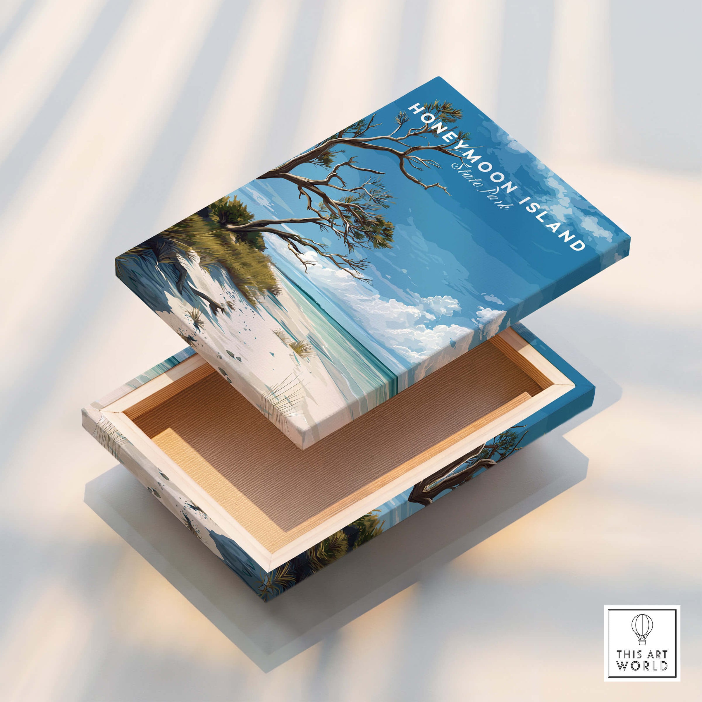 Honeymoon Island Wall Art Print | Florida Tropical Beach Travel Poster on a decorative box.