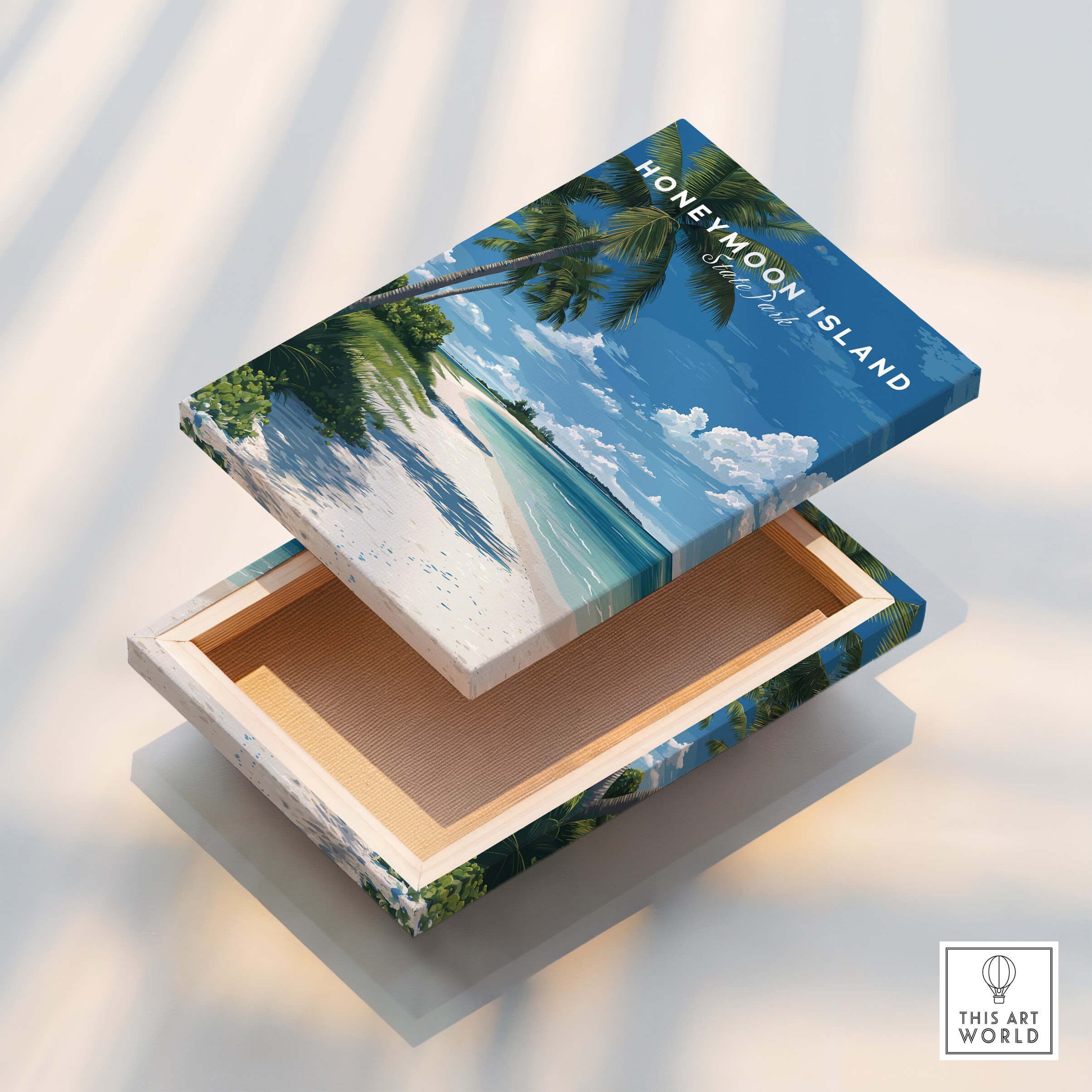 Honeymoon Island Travel Poster | Florida Beach Wall Art Print showcasing a beautiful beach scene on a decorative box.