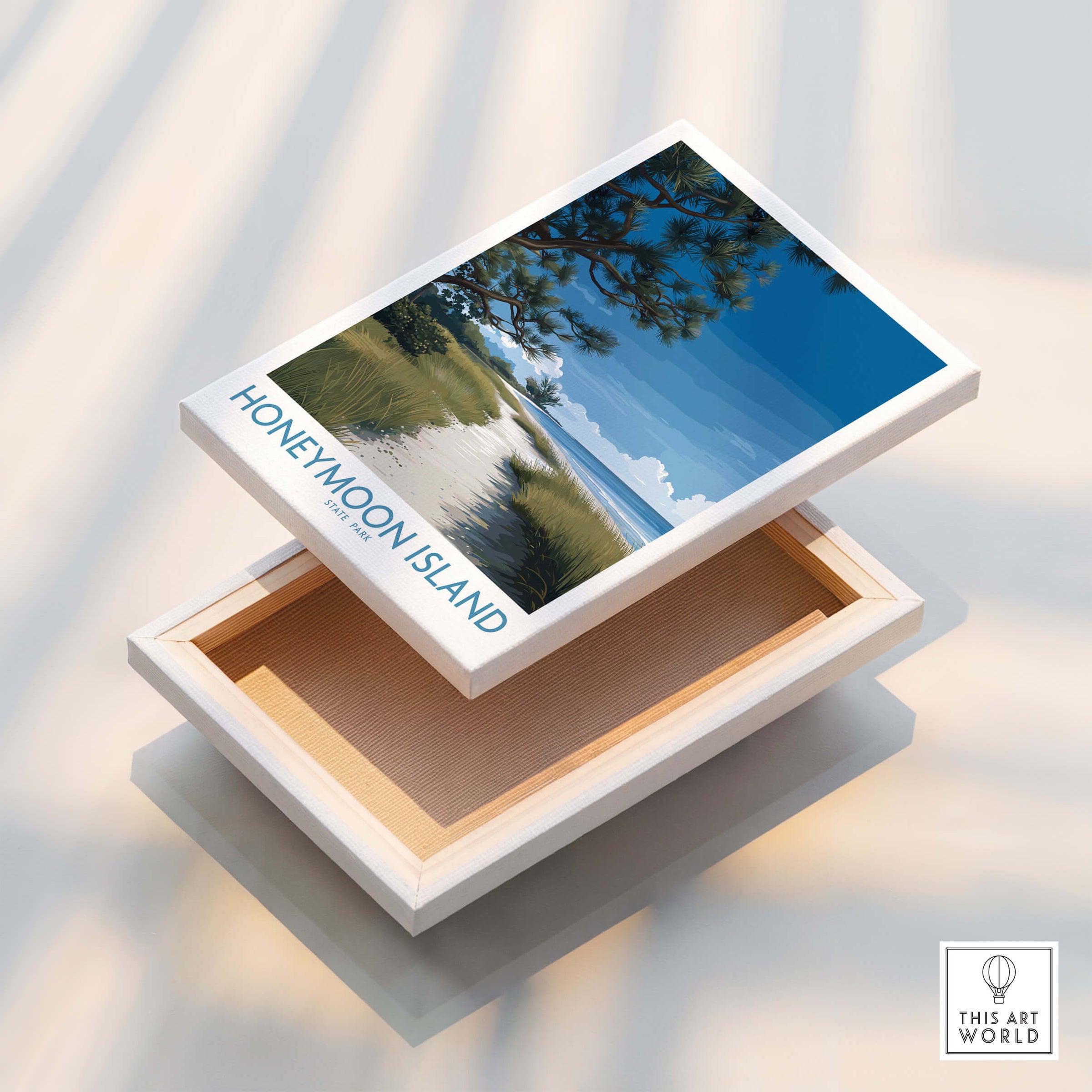 Honeymoon Island Florida Poster | Gulf Coast Landscape Canvas Print displayed on an open box showcasing the artwork.