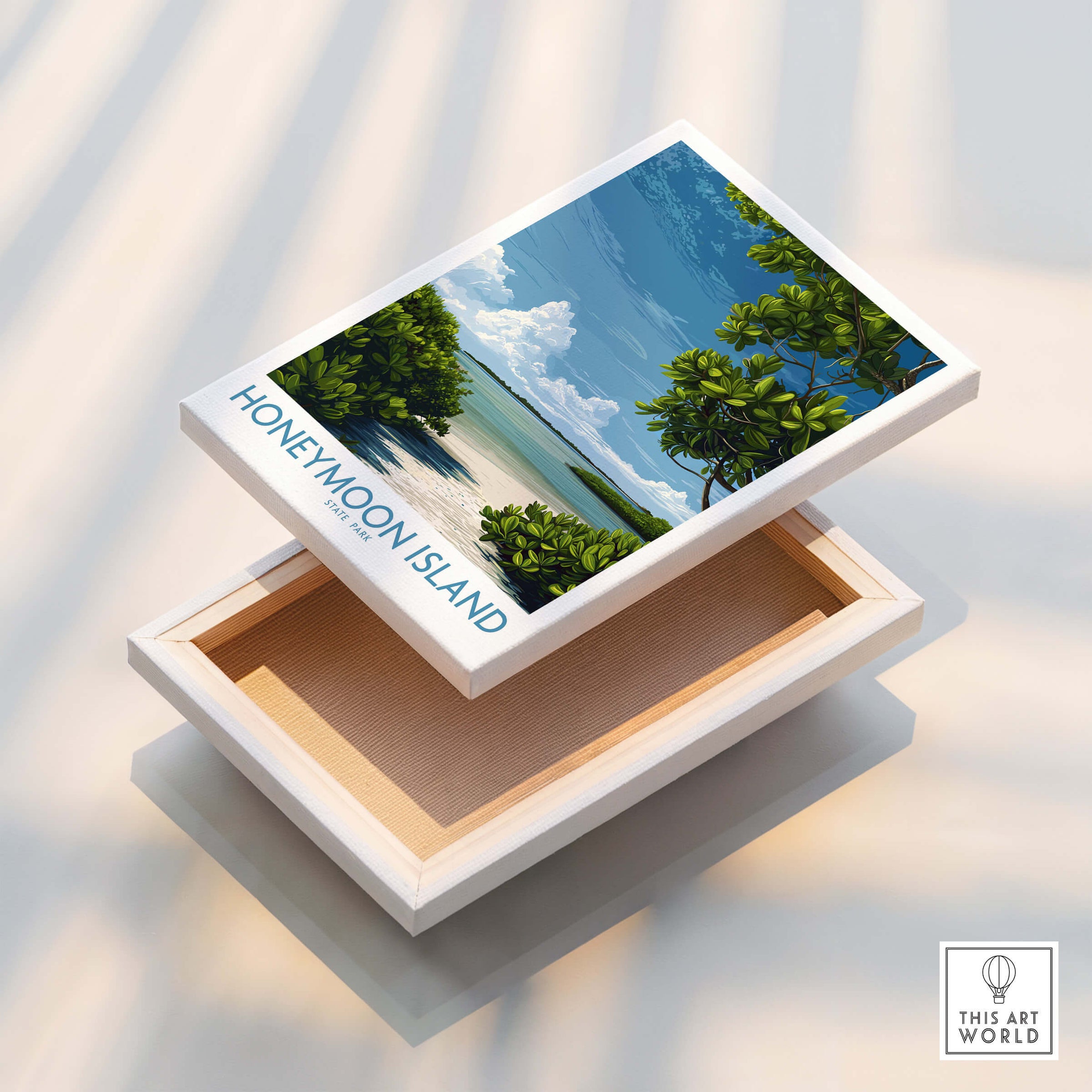 Honeymoon Island Florida Poster | Tropical Island Scene Canvas Print showcasing a coastal view with blue skies and lush greenery.