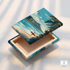 Honolulu Wall Art Print | Waikiki Beach Hawaii Travel Poster showcasing a vibrant tropical scene on a decorative box.