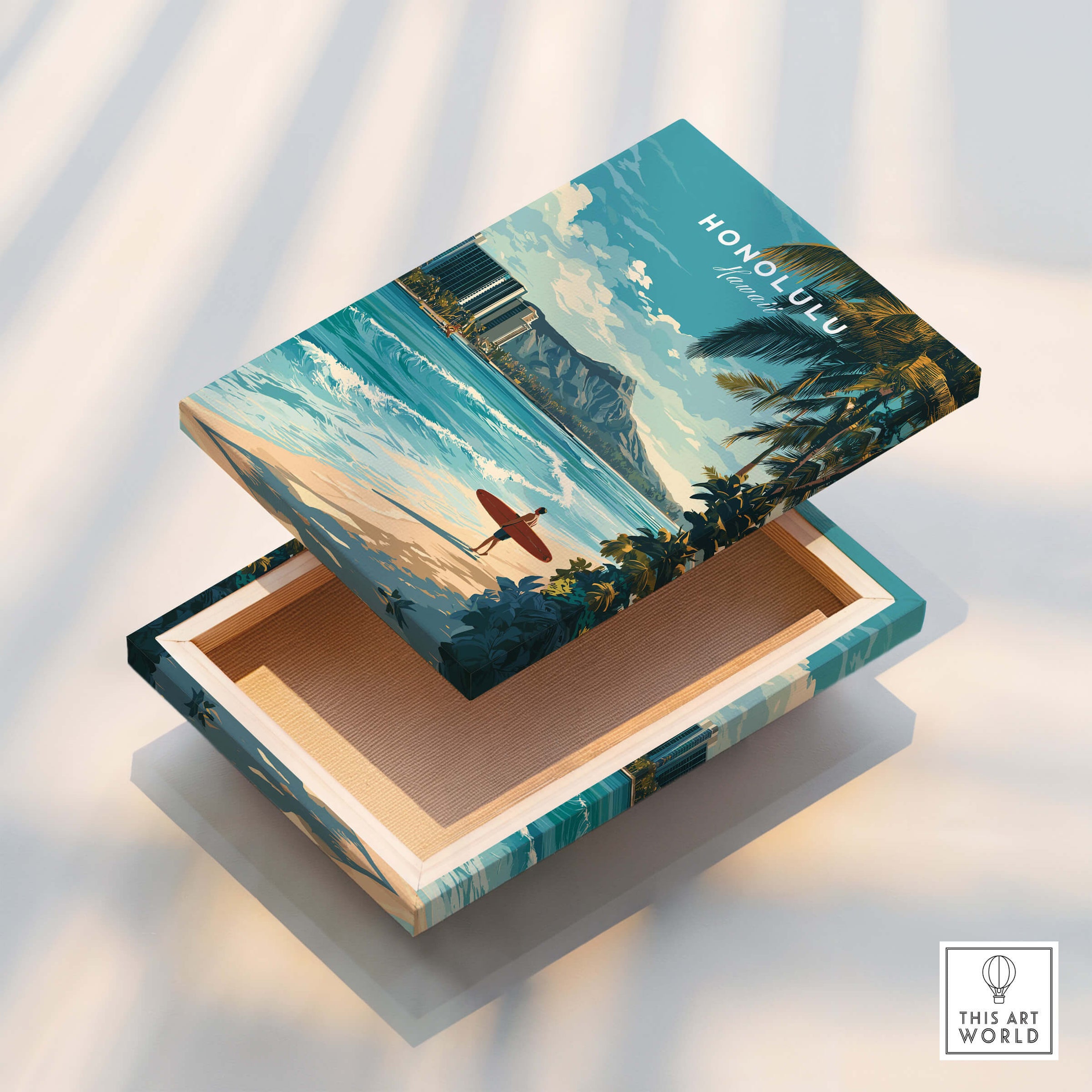 Honolulu Wall Art Print | Waikiki Beach Hawaii Travel Poster showcasing a vibrant tropical scene on a decorative box.