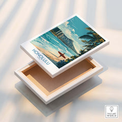 Honolulu Poster | Hawaii Surfing Canvas Print featuring a surfer and vibrant ocean scenery on a canvas box.
