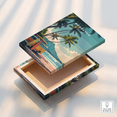 Honolulu Hawaii Travel Poster | Surf Van Beach Wall Art Print on a wooden box featuring a vibrant beach scene.