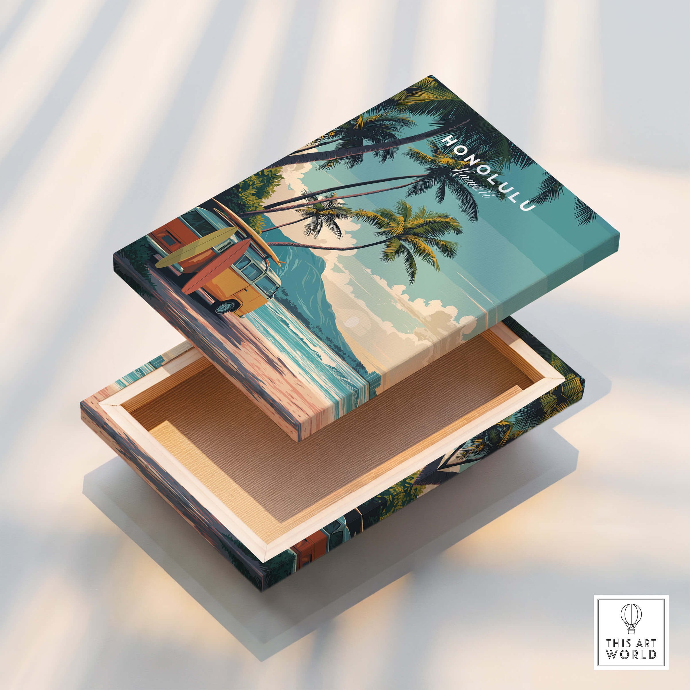 Honolulu Hawaii Travel Poster | Surf Van Beach Wall Art Print on a wooden box featuring a vibrant beach scene.