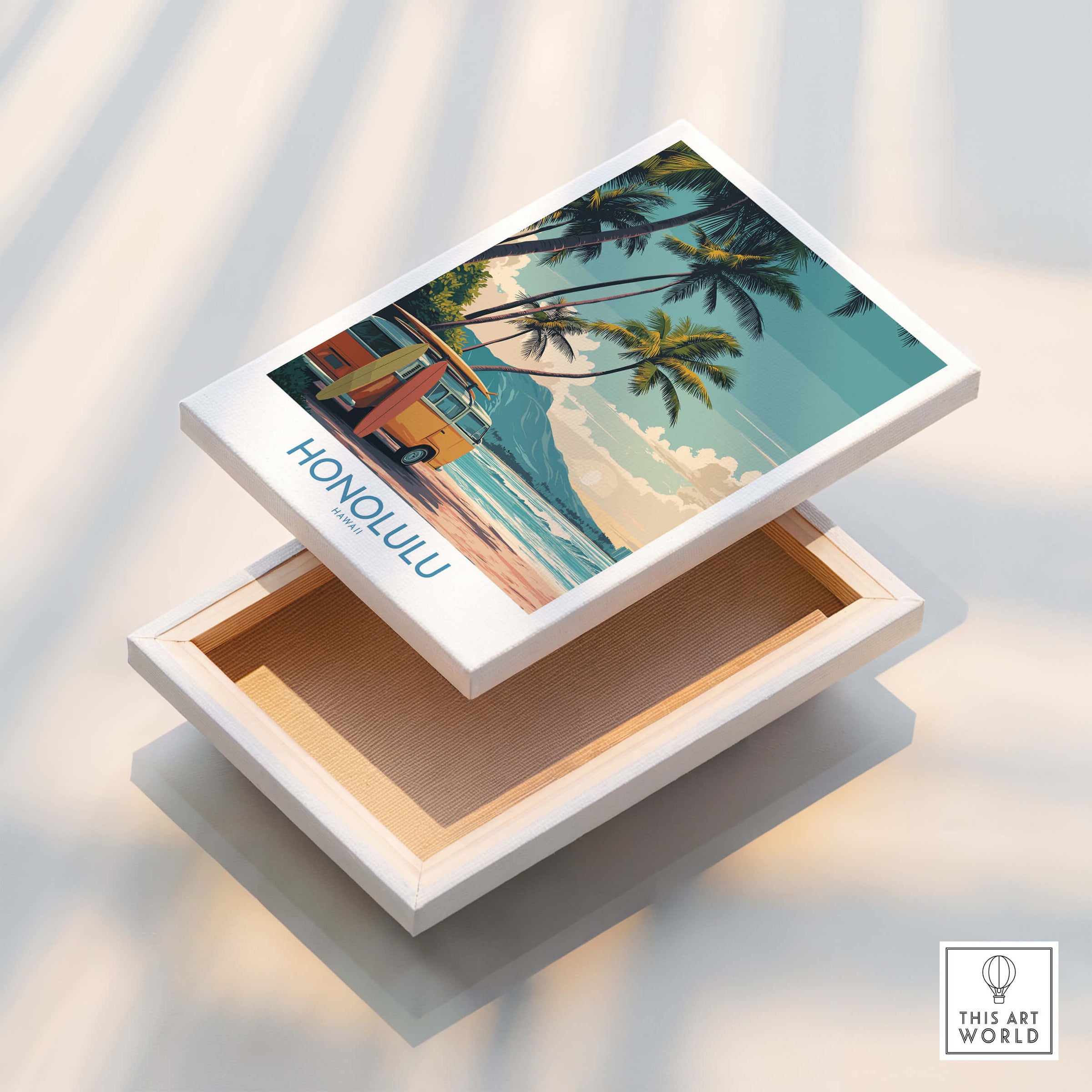 Honolulu Hawaii Poster | Vintage Aloha Style Canvas Print featuring a vintage design with palm trees and ocean view.