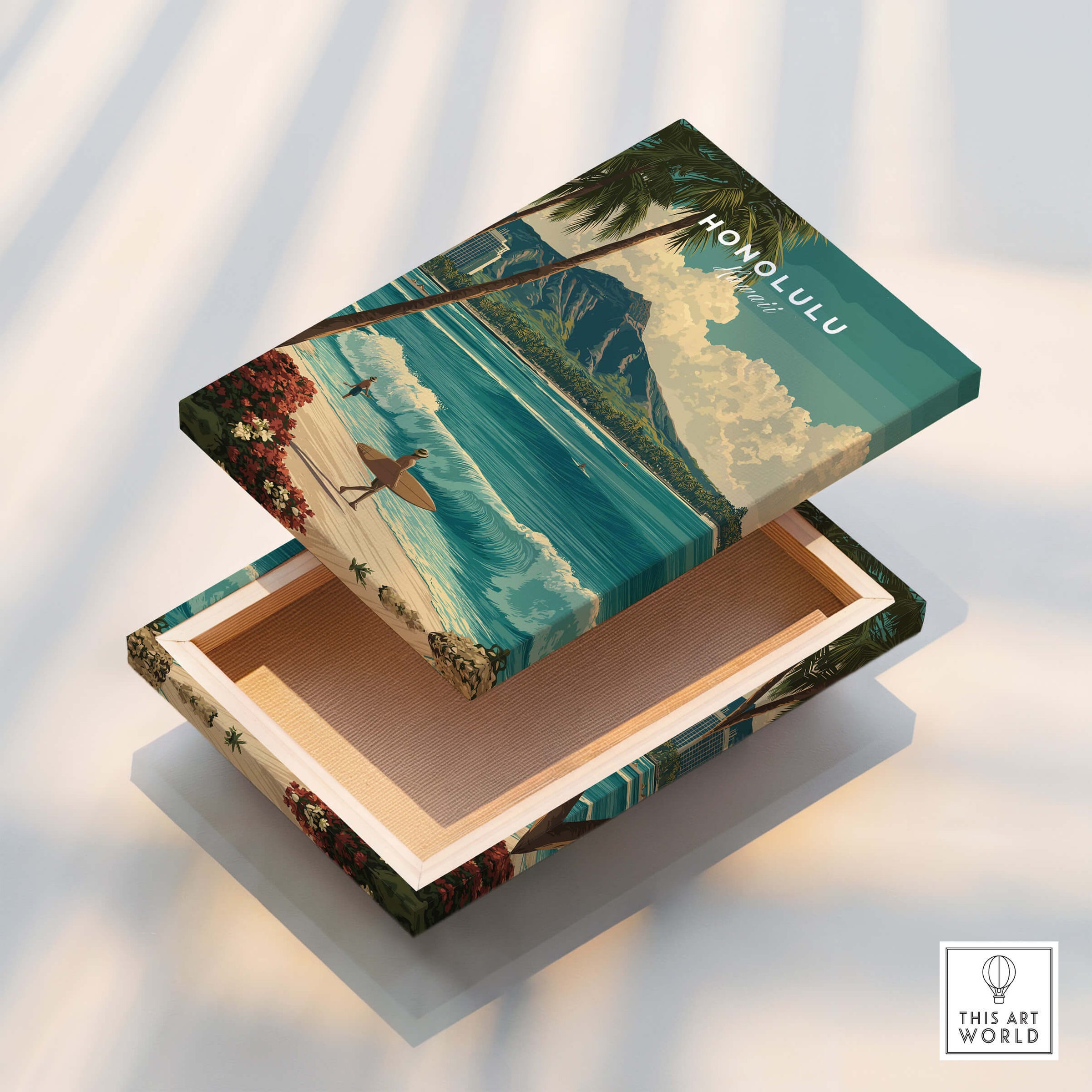 Honolulu Hawaii Wall Art Print | Waikiki Beach Surf Travel Poster decorative box featuring a tropical beach scene.