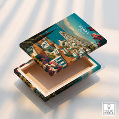 Hydra Greece Wall Art Print | Mediterranean Coastal Town Travel Poster on a decorative box
