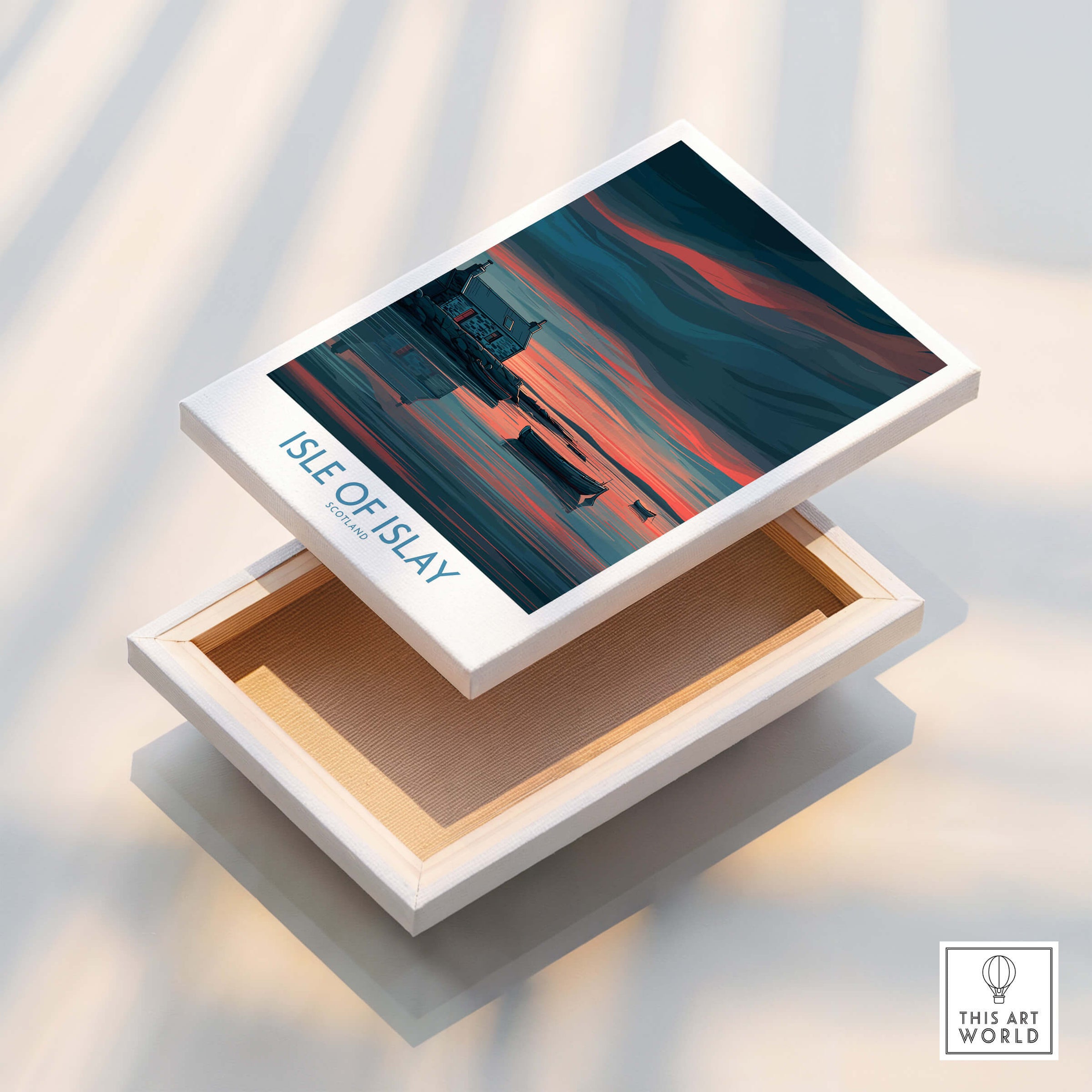 Isle of Islay Scotland Posters | Scottish Hebrides Seascape Canvas Print displayed in a light wooden box.