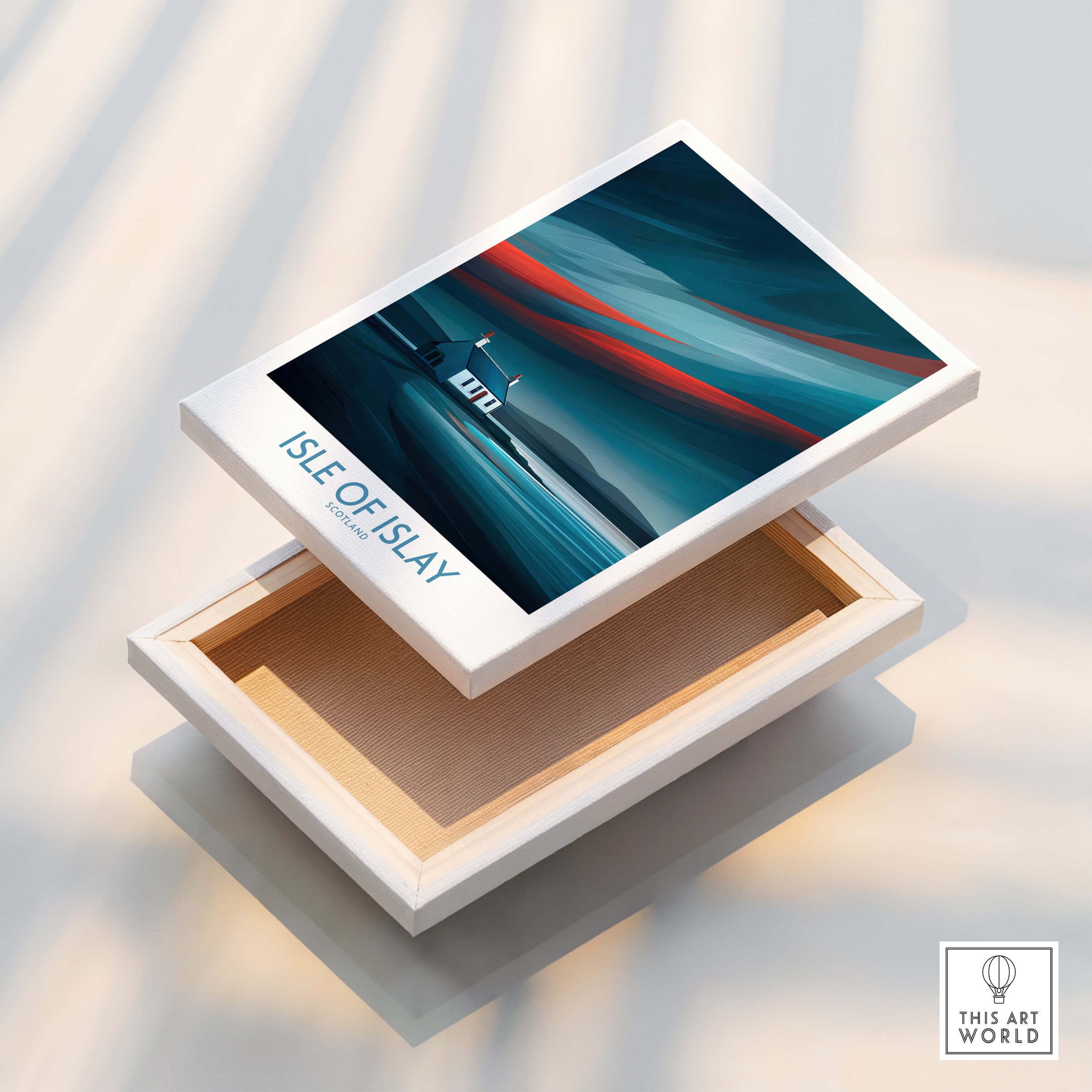 Isle of Islay Scotland Posters | Vibrant Scottish Island Scene Canvas Print displayed on a decorative box.