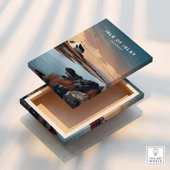 Isle of Islay Scotland Travel Posters | Scenic Coastal Cottage Wall Art Print displayed on a decorative box.