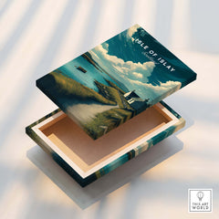 Isle of Islay Scotland Wall Art Print | Coastal Path Travel Poster displayed on an open decorative box.