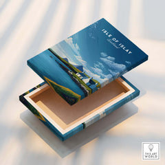 Isle of Islay Scotland Travel Posters | Sunny Coastal Wall Art Print featuring a vibrant box design with coastal scenery.
