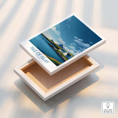 Isle of Islay Scotland Canvas Print | Scottish Hebrides Poster displayed on a wooden box, showcasing scenic landscape.
