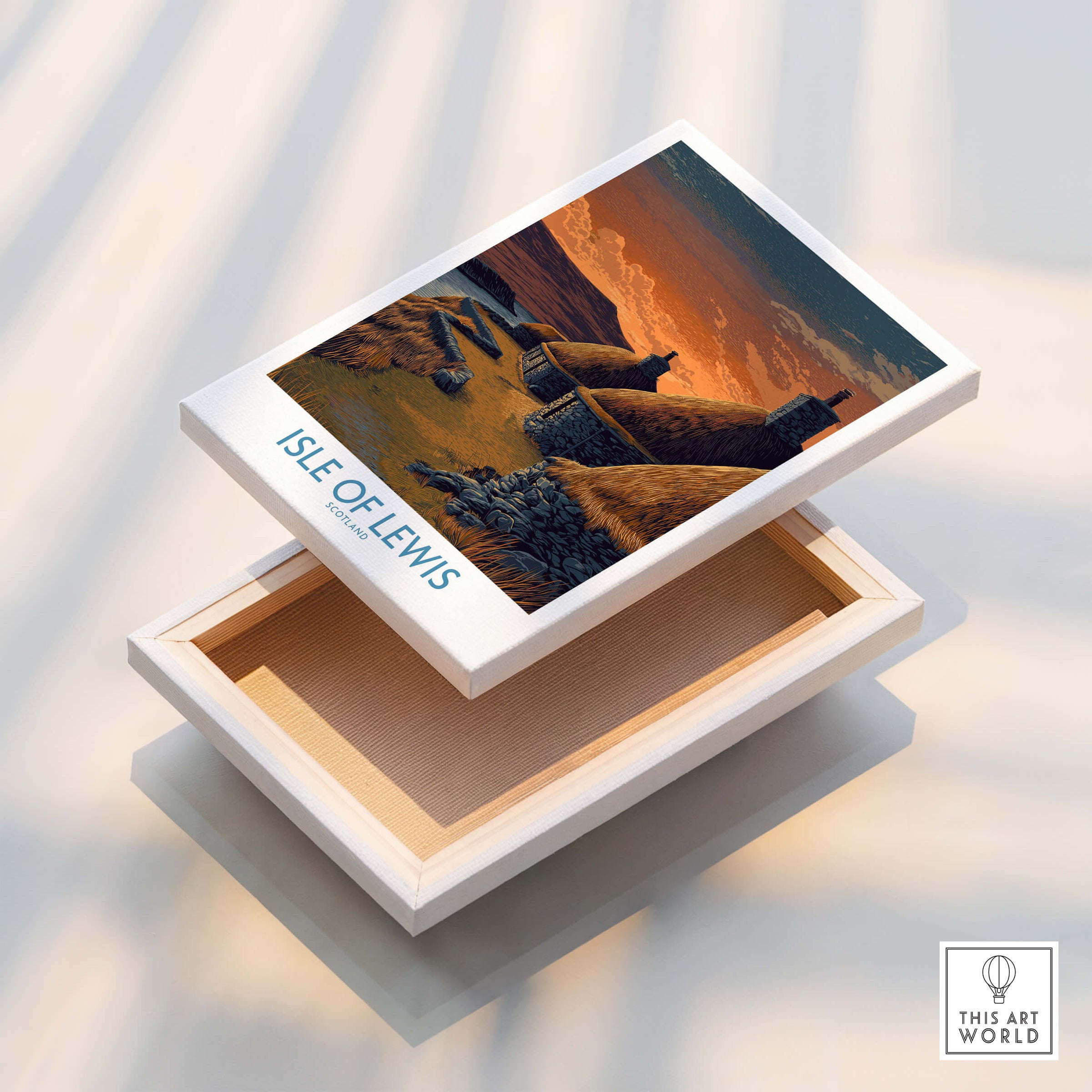 Isle of Lewis Scotland Canvas Print | Outer Hebrides Norse Mill Poster in a decorative box, showcasing scenic artwork.