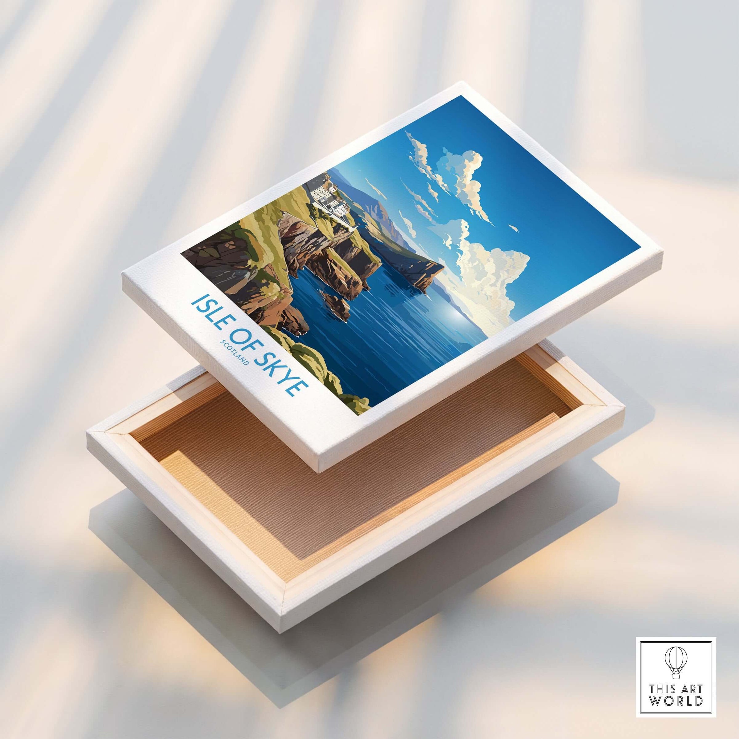 Isle of Skye Poster Modern displayed on a wooden box, showcasing vibrant colors and scenic landscape art.