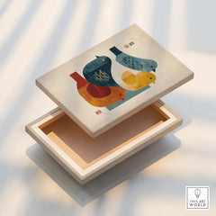 Modern canvas print with colorful geometric birds in Japanese style on a floating wood frame.