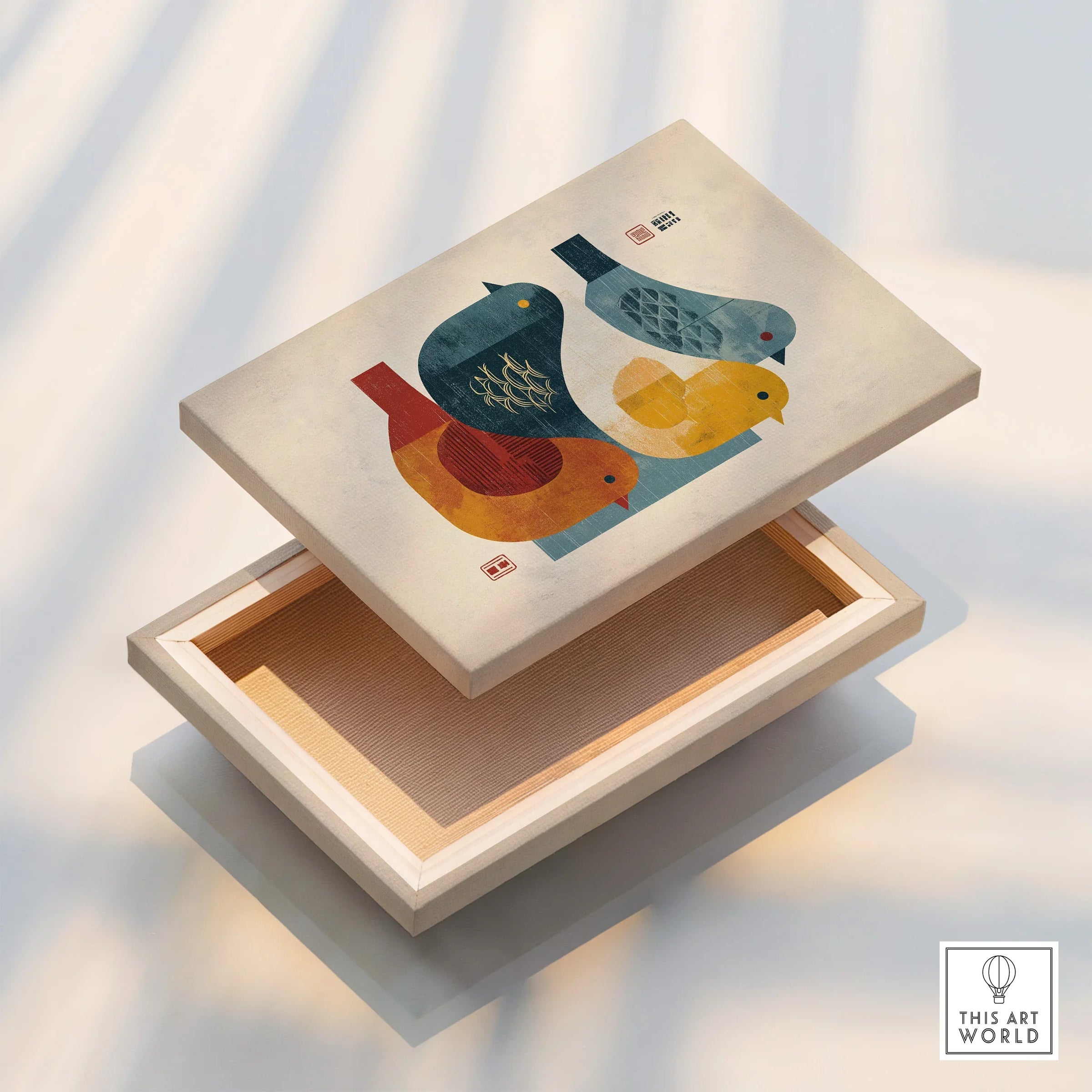 Modern canvas print with colorful geometric birds in Japanese style on a floating wood frame.