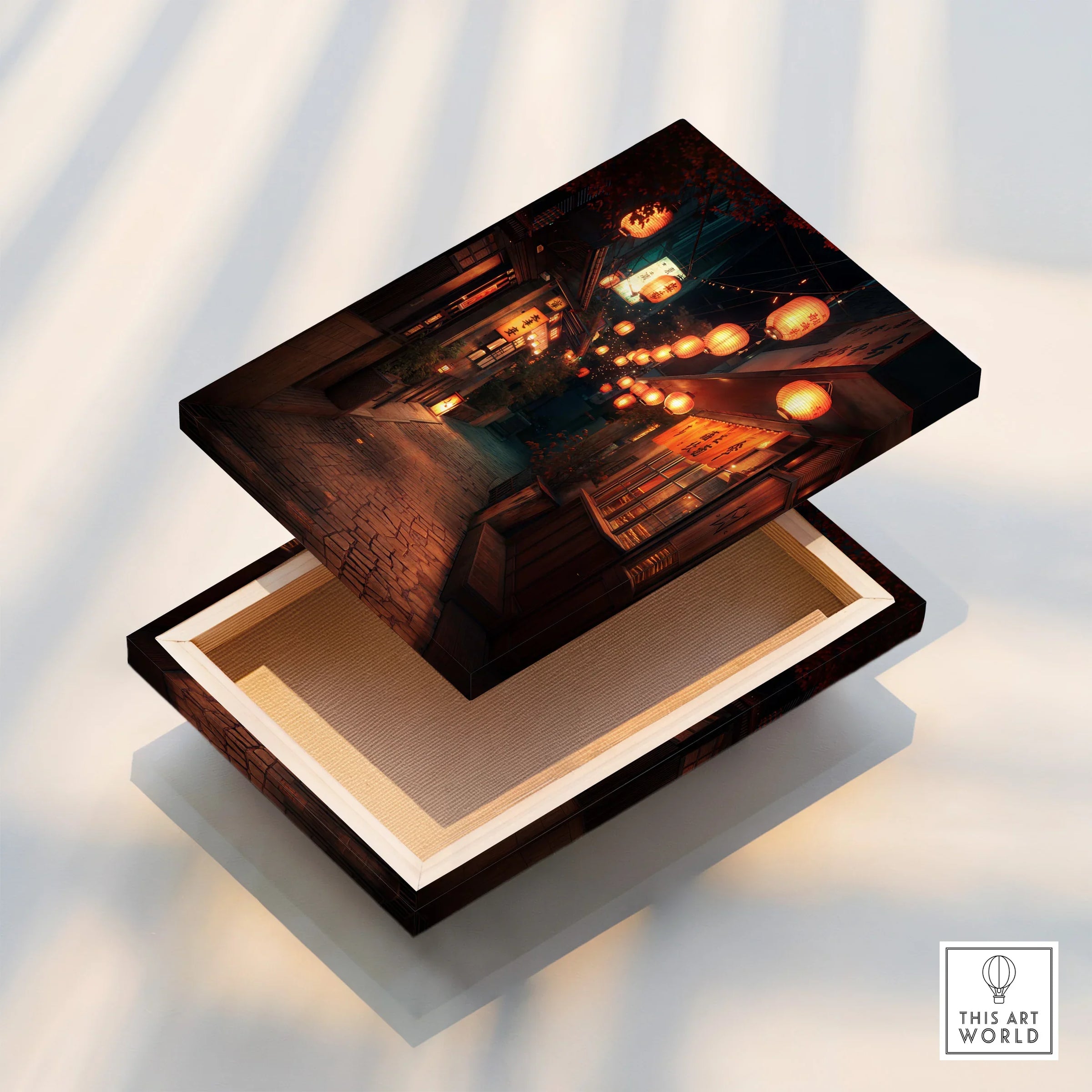 Stretched canvas wall art print with night Japanese street scene and glowing lanterns.