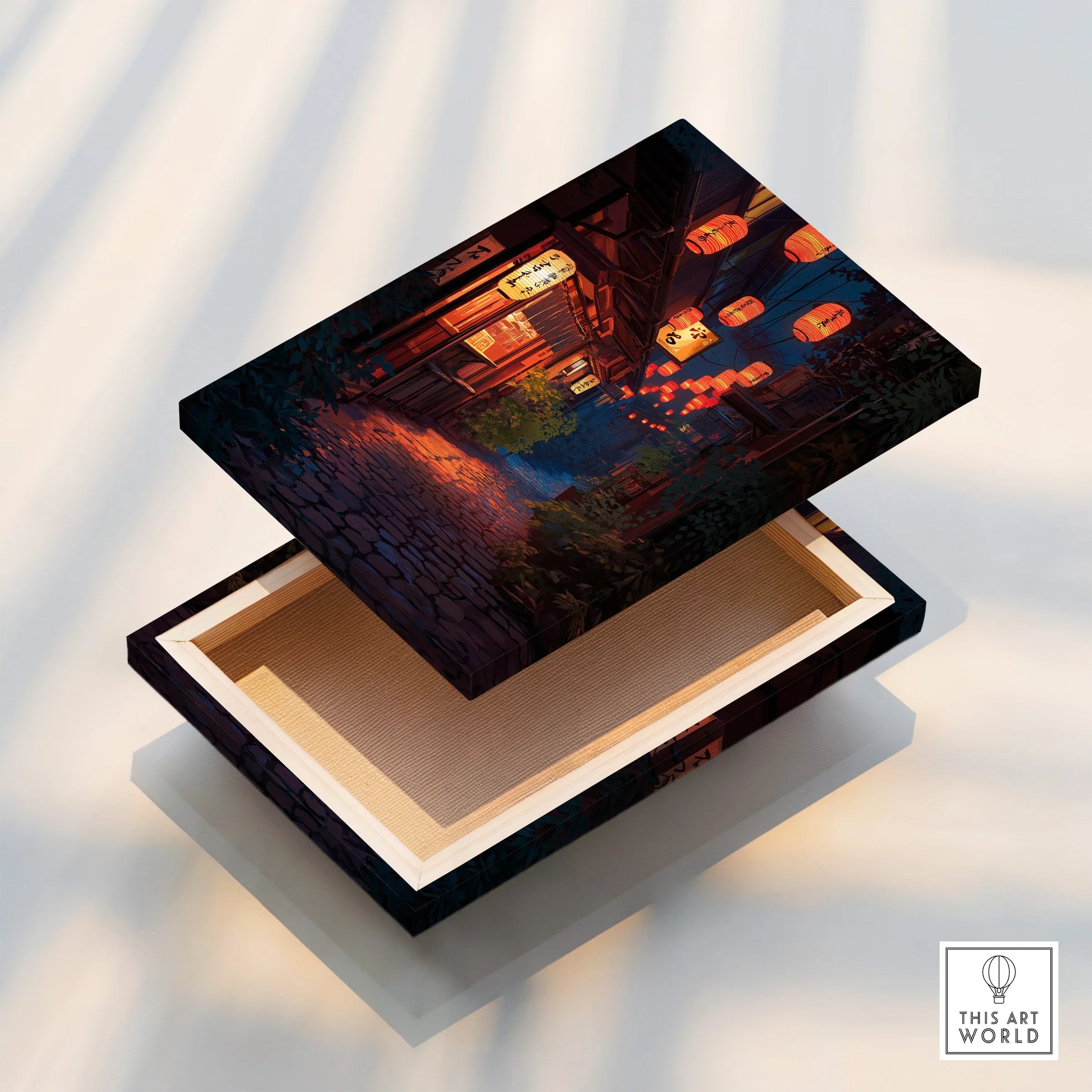 Floating canvas print with Japanese street scene and lanterns, decorative wall art.