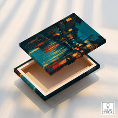 Floating canvas print featuring a vibrant Japanese street scene with lantern reflections.