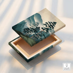 Floating stretched canvas print with Japanese woodblock forest landscape in soft light.