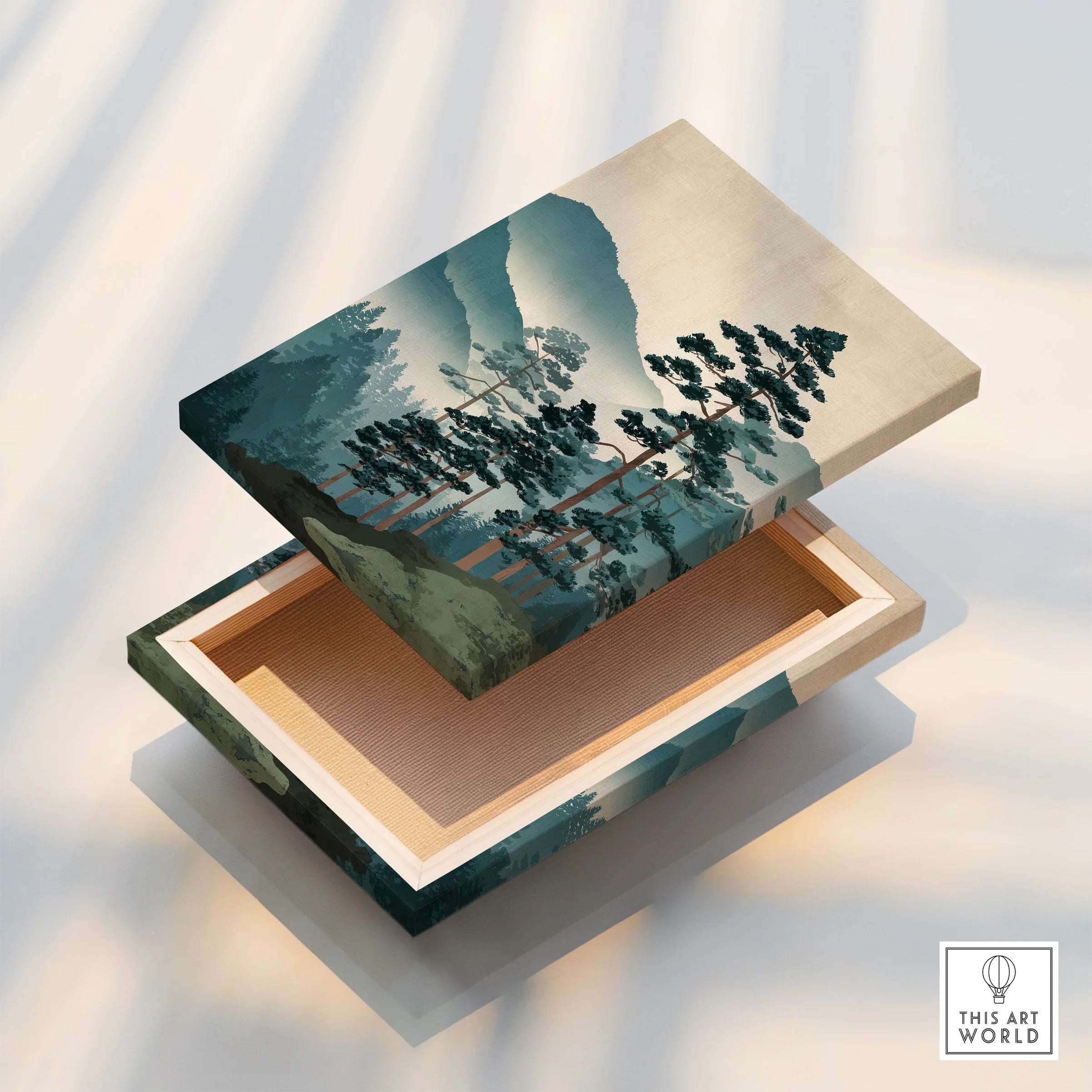 Floating stretched canvas print with Japanese woodblock forest landscape in soft light.